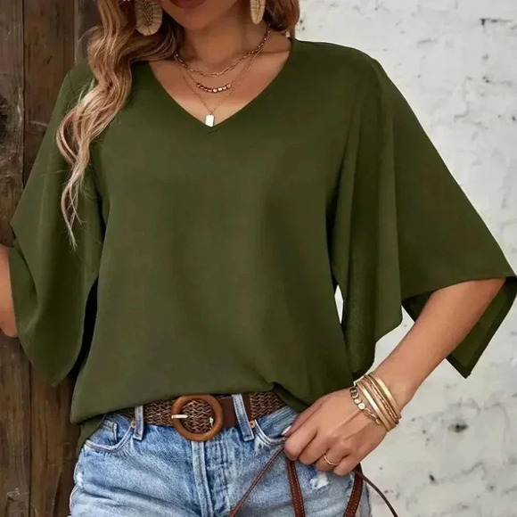 V-neck Blouse (Color: Army Green) - Picture 3 of 4